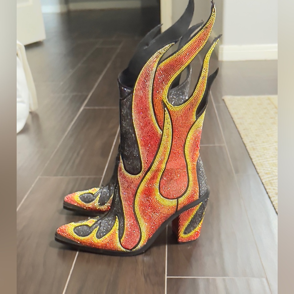 Dolls Kill Red and Yellow Flame CowboyWestern Boots
